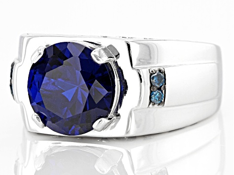 Pre-Owned Blue Lab Created Spinel with Blue Diamond Accent Rhodium Over Silver Men's Ring 4.61ctw