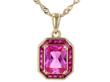 Picture of Pre-Owned Pink Lab Created Sapphire 18k Yellow Gold Over Sterling Silver Pendant With Chain 2.89ctw