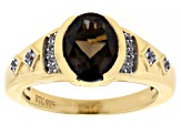 Pre-Owned Brown Smoky Quartz with White Zircon 18k Yellow Gold Over Sterling Silver Men's Ring 2.18c