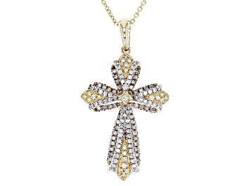 Picture of Pre-Owned Natural Yellow And White Diamond 14k Yellow Gold Cross Pendant With 18" Cable Chain 0.40ct