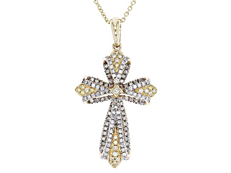 Pre-Owned Natural Yellow And White Diamond 14k Yellow Gold Cross Pendant With 18" Cable Chain 0.40ct