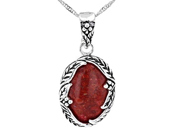 Picture of Pre-Owned Red Coral Sterling Silver leaf Design Enhancer With 18" Chain