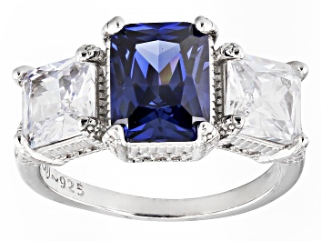 Picture of Pre-Owned Blue And White Cubic Zirconia Rhodium Over Sterling Silver Ring 6.82ctw