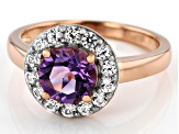 Pre-Owned Round Lavender Amethyst with White Zircon 18k Rose Gold Over Sterling Silver Halo Ring. 1.