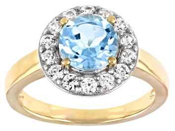 Picture of Pre-Owned Round Glacier Topaz™ with White Zircon 18k Gold Over Sterling Silver Halo Ring. 2.02ctw