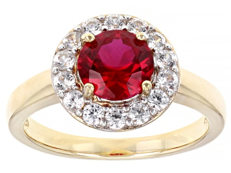 Pre-Owned Red Lab Created Ruby 18k Yellow Gold Over Sterling Silver Halo Ring. 1.76ctw