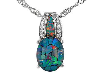 Picture of Pre-Owned Mutli Color Mosaic Opal Triplet Rhodium Over Silver Pendant With Chain 0.10ctw
