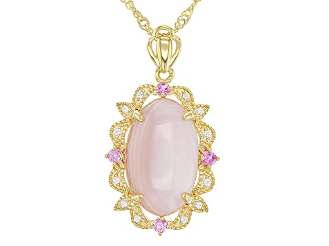Pre-Owned Pink Mother-Of-Pearl 18k Yellow Gold Over Sterling Silver Pendant With Chain 0.24ctw