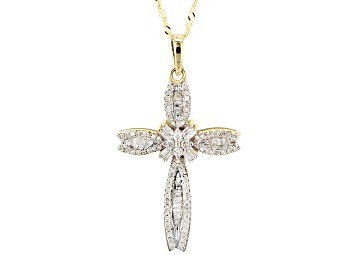 Picture of Pre-Owned White Diamond 10k Yellow Gold Cross Pendant With 18" Singapore Chain 0.60ctw