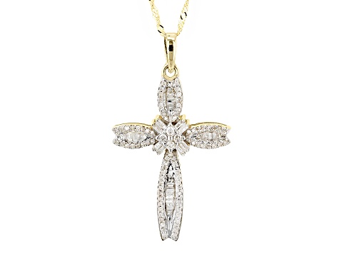 Pre-Owned White Diamond 10k Yellow Gold Cross Pendant With 18" Singapore Chain 0.60ctw