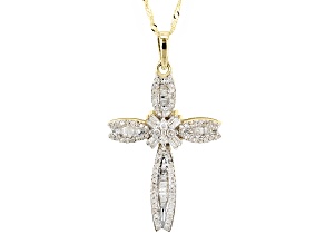 Pre-Owned White Diamond 10k Yellow Gold Cross Pendant With 18" Singapore Chain 0.60ctw