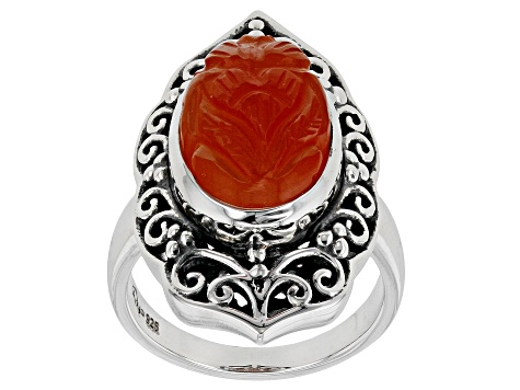 Pre-Owned Orange Hand Carved Carnelian Sterling Silver Ring