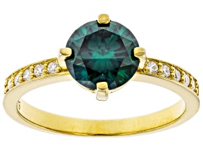 Pre-Owned Green and colorless moissanite 14k yellow gold over sterling silver ring 1.60ctw DEW.
