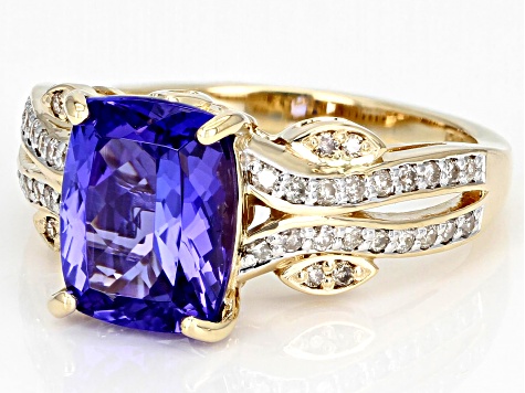Pre-Owned Tanzanite, White And Champagne Diamond 14k Yellow Gold Center Stone Ring 3.24ctw