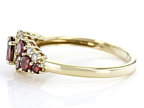 Pre-Owned Red Garnet And White Diamond 14k Yellow Gold Cluster Band Ring 1.22ctw