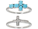 Pre-Owned Blue Sleeping Beauty Turquoise Rhodium Over Sterling Silver Set Of 2 Cross Rings 1.11ctw