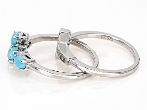 Pre-Owned Blue Sleeping Beauty Turquoise Rhodium Over Sterling Silver Set Of 2 Cross Rings 1.11ctw