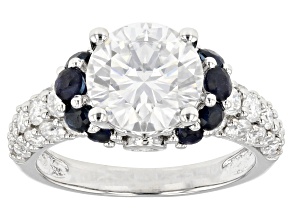 Pre-Owned Moissanite And Blue Sapphire Platineve Ring 3.88ct DEW.
