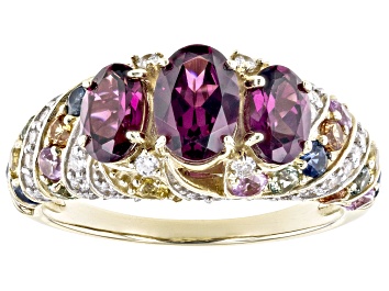 Picture of Pre-Owned Rhodolite Garnet, Sapphire And Diamond 14k Yellow Gold Ring 3.17ctw