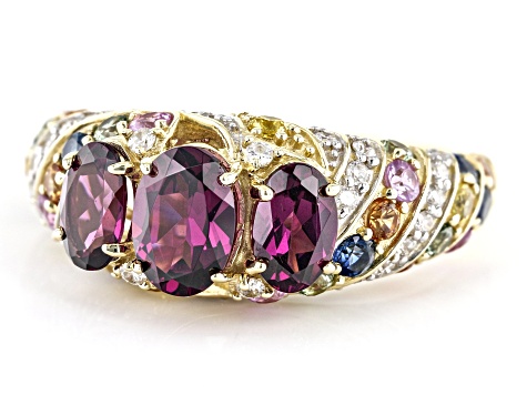 Pre-Owned Rhodolite Garnet, Sapphire And Diamond 14k Yellow Gold Ring 3.17ctw