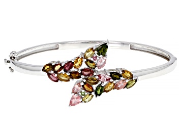 Picture of Pre-Owned Multi-Tourmaline Rhodium Over Sterling Silver Hinged Bangle Bracelet 4.86ctw