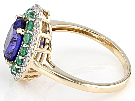 Pre-Owned Blue Tanzanite with White Diamond and Emerald 10k Yellow Gold Ring