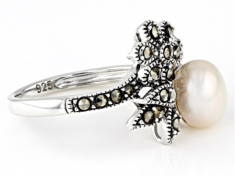 Pre-Owned White Cultured Freshwater Pearl and Marcasite Oxidized Sterling Silver Ring