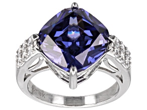 Pre-Owned Blue And White Cubic Zirconia Rhodium Over Sterling Silver Ring 13.65ctw