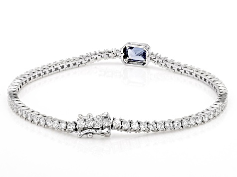Pre-Owned Blue And White Cubic Zirconia Rhodium Over Silver Tennis Bracelet 8.20ctw