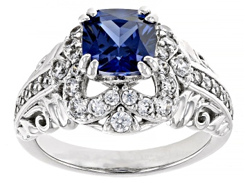 Picture of Pre-Owned Blue And White Cubic Zirconia Rhodium Over Sterling Silver Ring 4.28ctw
