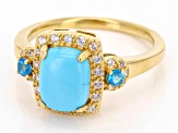 Pre-Owned Sleeping Beauty Turquoise, Neon Apatite, White Zircon 18k Yellow Gold Over Silver Ring 0.2