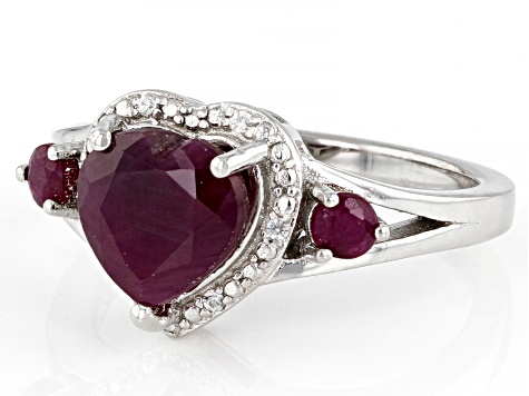 Pre-Owned Red Ruby Rhodium Over Sterling Silver Heart Ring 2.24ctw