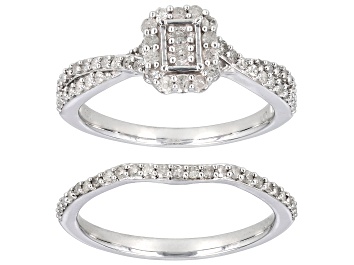 Picture of Pre-Owned White Diamond Rhodium Over Sterling Silver Halo Ring With Matching Band 0.50ctw