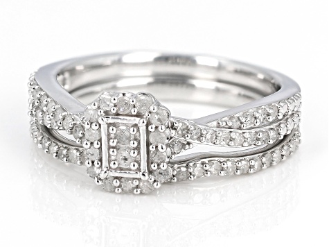 Pre-Owned White Diamond Rhodium Over Sterling Silver Halo Ring With Matching Band 0.50ctw