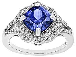 Pre-Owned Blue And White Cubic Zirconia Rhodium Over Sterling Silver Ring 4.48ctw