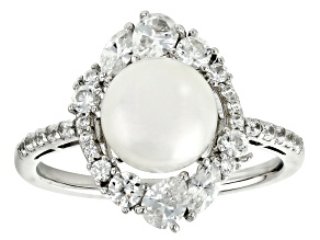 Pre-Owned White Cultured Freshwater Pearl and White Zircon Rhodium Over Sterling Silver Ring