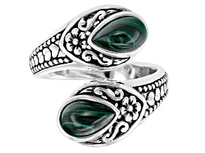 Pre-Owned Green Malachite Sterling Silver Bypass Ring