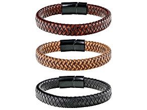 Pre-Owned Black Tone & Imitation Leather Set of 3 Men's Bracelets