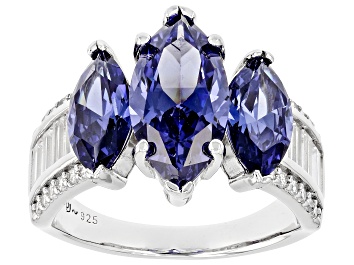 Picture of Pre-Owned Blue And White Cubic Zirconia Rhodium Over Sterling Silver Ring 7.99ctw