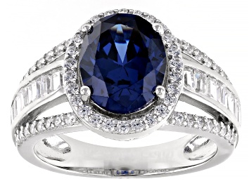 Picture of Pre-Owned Blue And White Cubic Zirconia Rhodium Over Sterling Silver Ring 5.89ctw