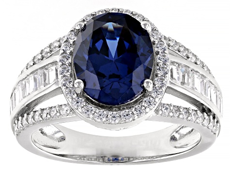 Pre-Owned Blue And White Cubic Zirconia Rhodium Over Sterling Silver Ring 5.89ctw
