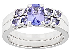Pre-Owned Blue Tanzanite Rhodium Over Sterling Silver Ring And Band Set Of 2 1.23ctw