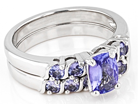 Pre-Owned Blue Tanzanite Rhodium Over Sterling Silver Ring And Band Set Of 2 1.23ctw