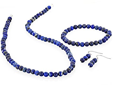 Pre-Owned Blue Lapis Lazuli Rhodium Over Sterling Silver Earrings, Bracelet, And Necklace Set