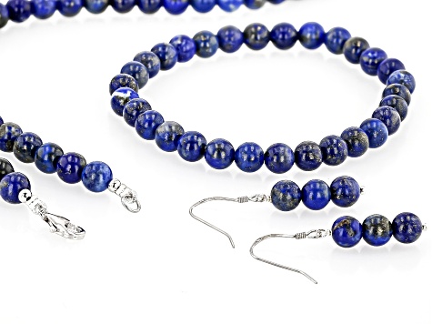 Pre-Owned Blue Lapis Lazuli Rhodium Over Sterling Silver Earrings, Bracelet, And Necklace Set