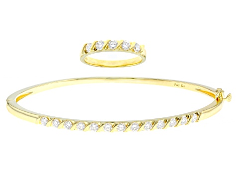 Pre-Owned Moissanite 14k Yellow Gold Over Silver Ring And Bangle Bracelet Set 1.80ctw DEW.