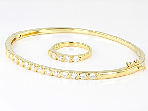 Pre-Owned Moissanite 14k Yellow Gold Over Silver Ring And Bangle Bracelet Set 1.80ctw DEW.