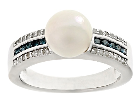 Pre-Owned White Cultured Japanese Akoya Pearl and Blue & White Diamond Rhodium Over Sterling Silver