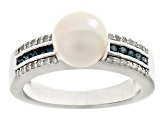 Pre-Owned White Cultured Japanese Akoya Pearl and Blue & White Diamond Rhodium Over Sterling Silver