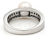 Pre-Owned White Cultured Japanese Akoya Pearl and Blue & White Diamond Rhodium Over Sterling Silver